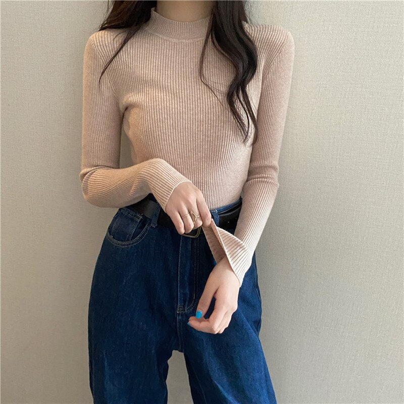 Knitted Half Turtleneck Full Sleeve Basic Tops