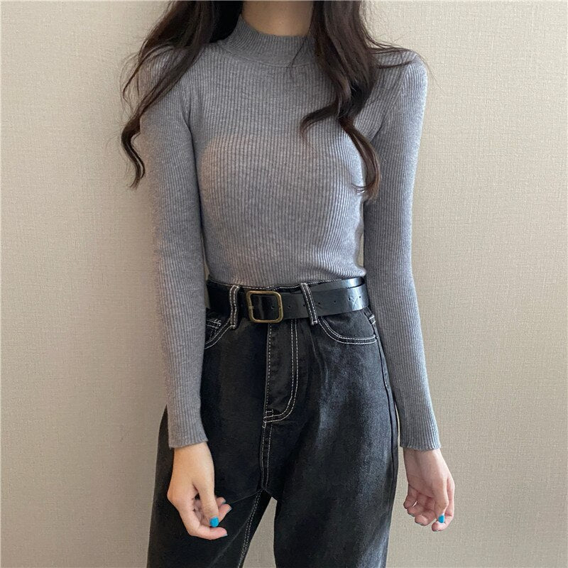 Knitted Half Turtleneck Full Sleeve Basic Tops
