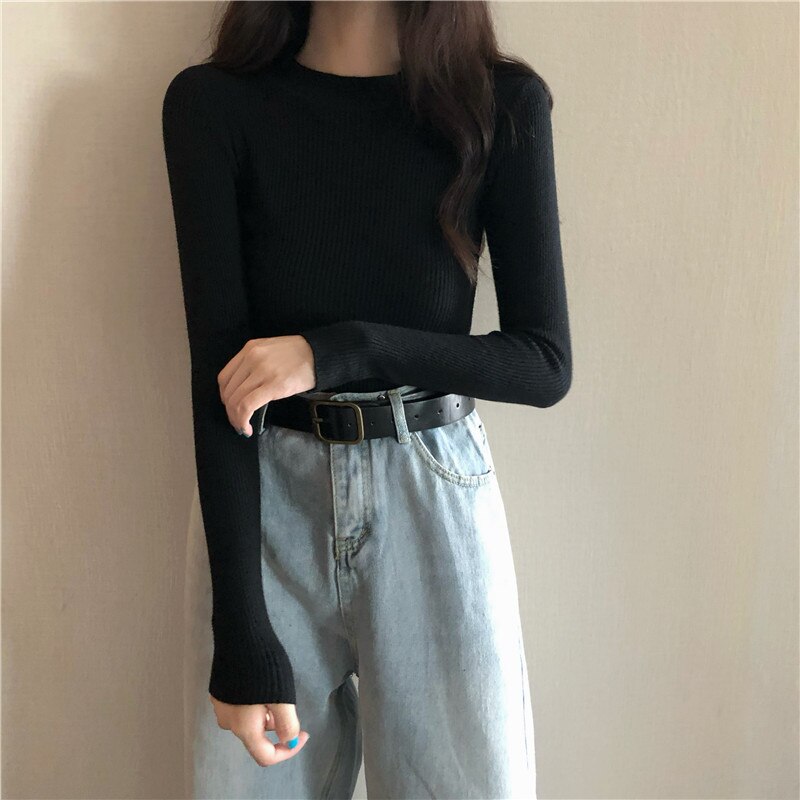 Knitted Half Turtleneck Full Sleeve Basic Tops