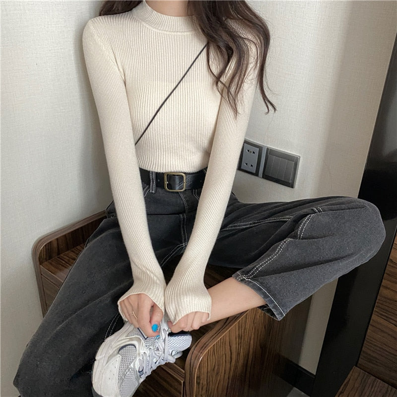 Knitted Half Turtleneck Full Sleeve Basic Tops