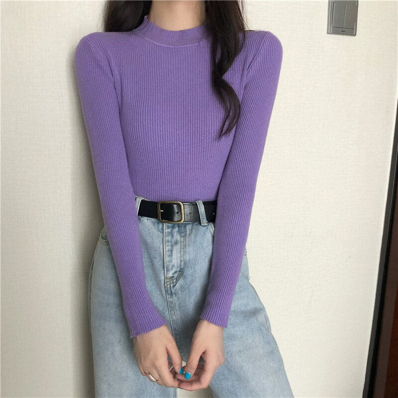 Knitted Half Turtleneck Full Sleeve Basic Tops