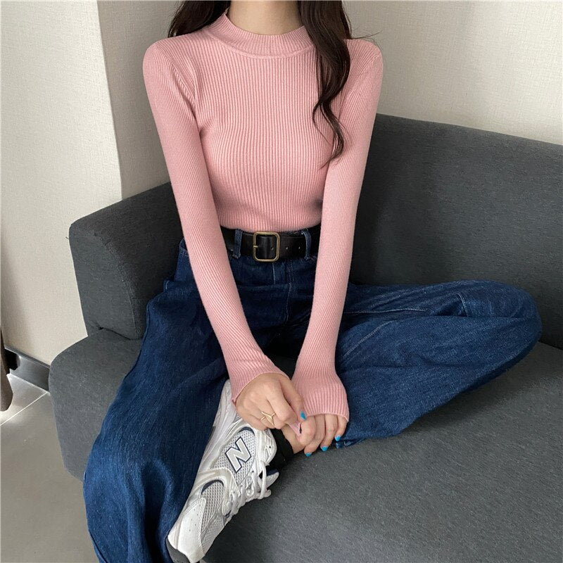 Knitted Half Turtleneck Full Sleeve Basic Tops
