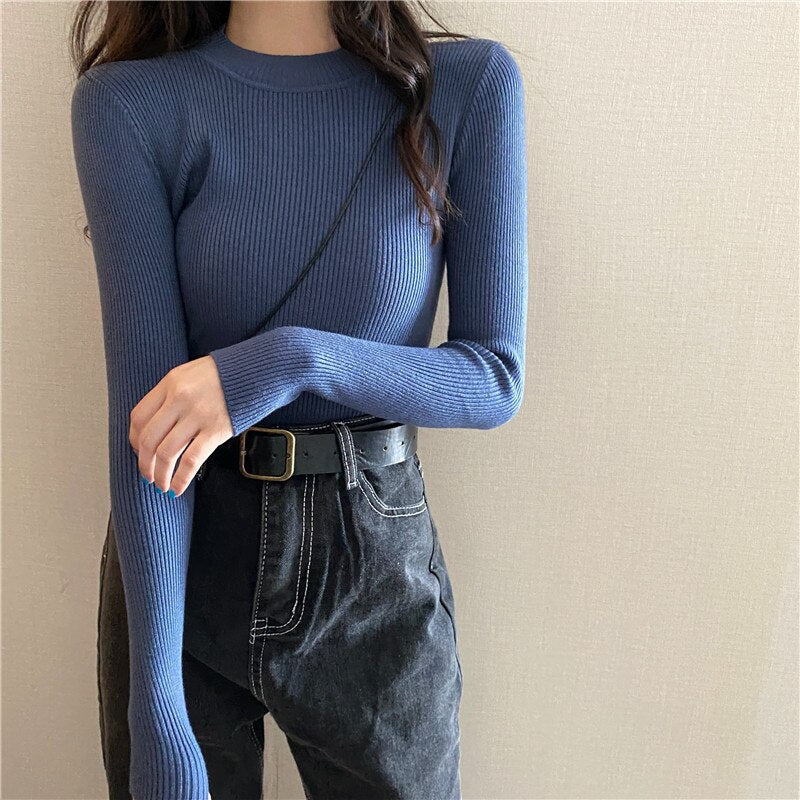 Knitted Half Turtleneck Full Sleeve Basic Tops