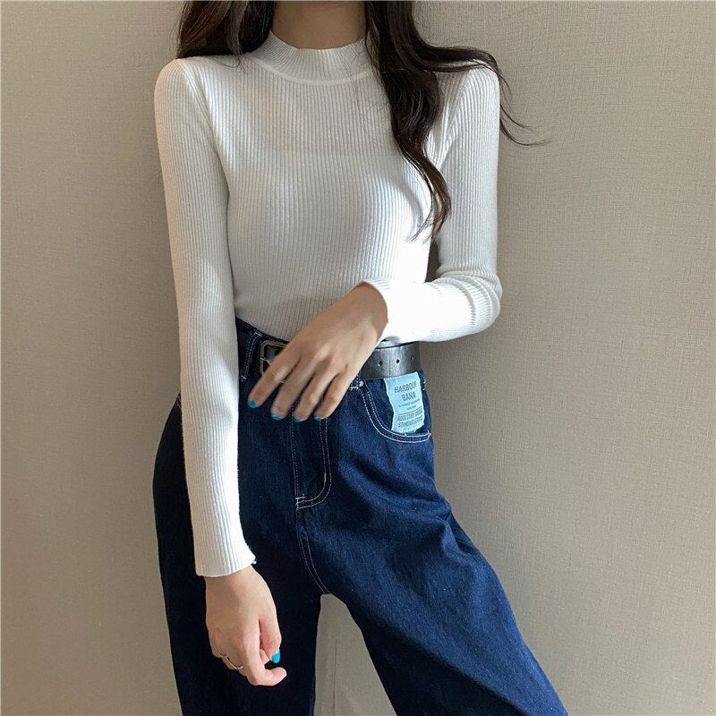 Knitted Half Turtleneck Full Sleeve Basic Tops