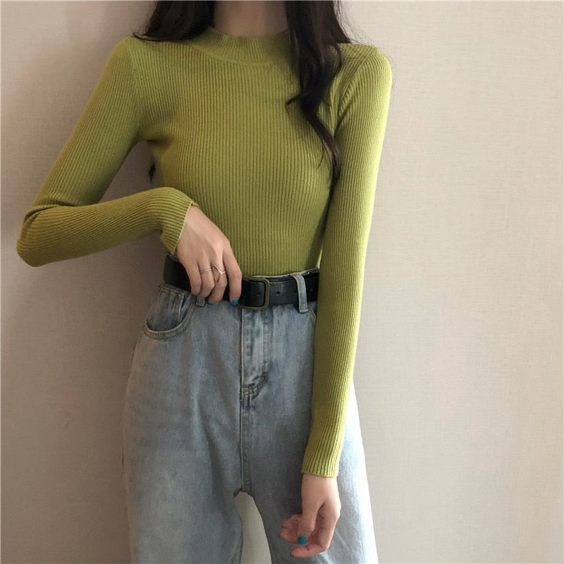 Knitted Half Turtleneck Full Sleeve Basic Tops