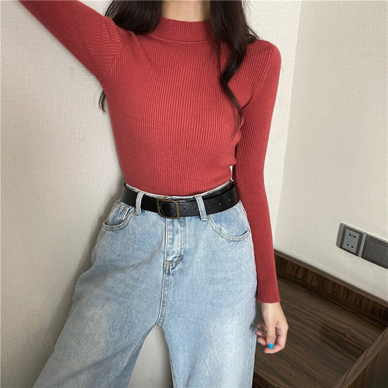 Knitted Half Turtleneck Full Sleeve Basic Tops