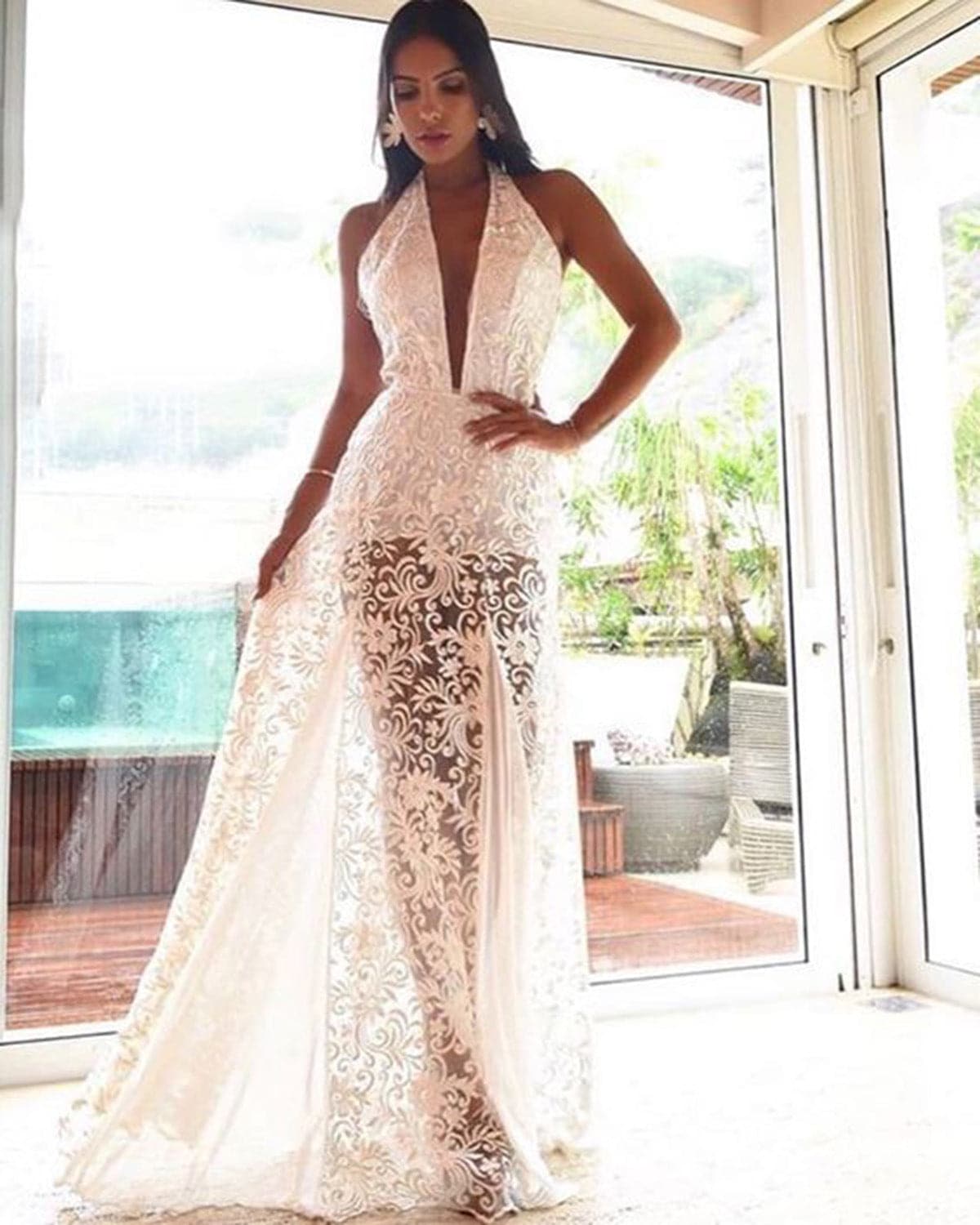 Lace Vestidos Dress  Halter Neck Long Maxi Dress