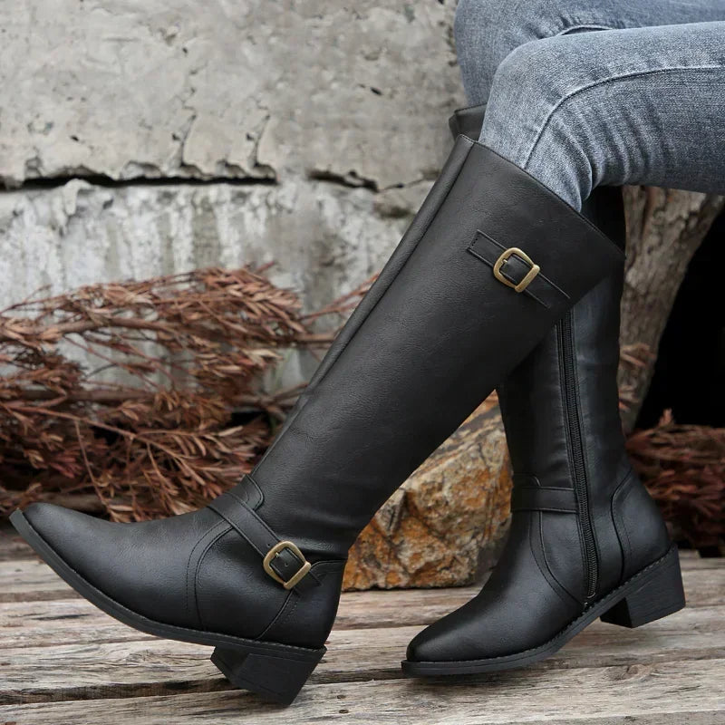 PU Leather Autumn Winter Round Toe Knight Platform Square Heel Knee High Boots