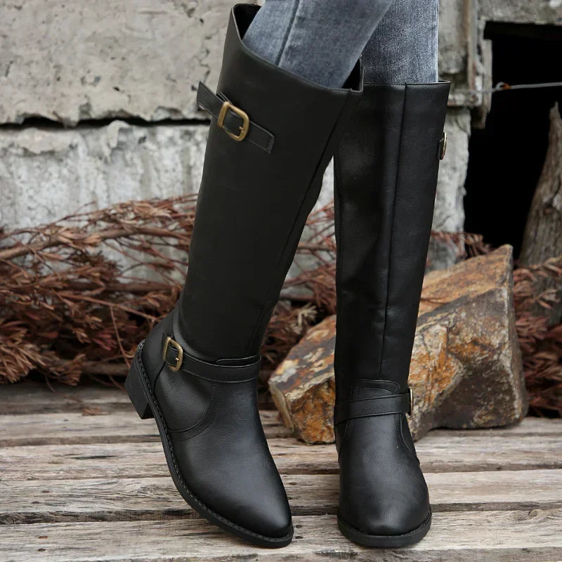 PU Leather Autumn Winter Round Toe Knight Platform Square Heel Knee High Boots