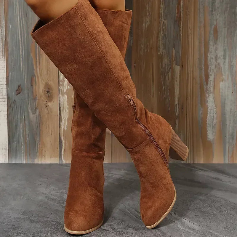 Retro Heels Western Cowboy Warm Plush Leather Suede Knee High Boots