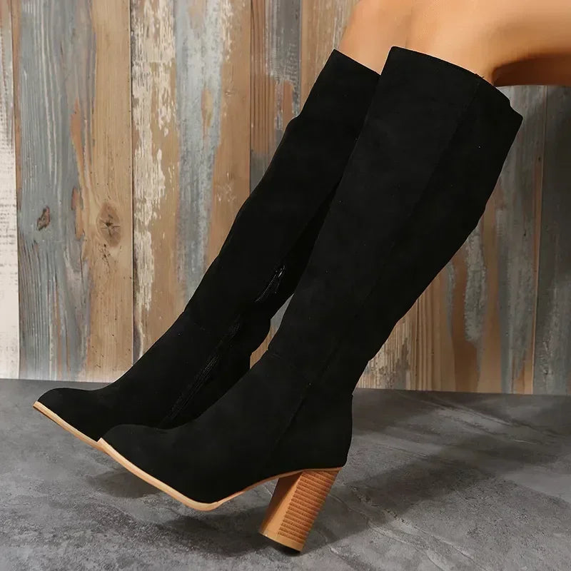 Retro Heels Western Cowboy Warm Plush Leather Suede Knee High Boots