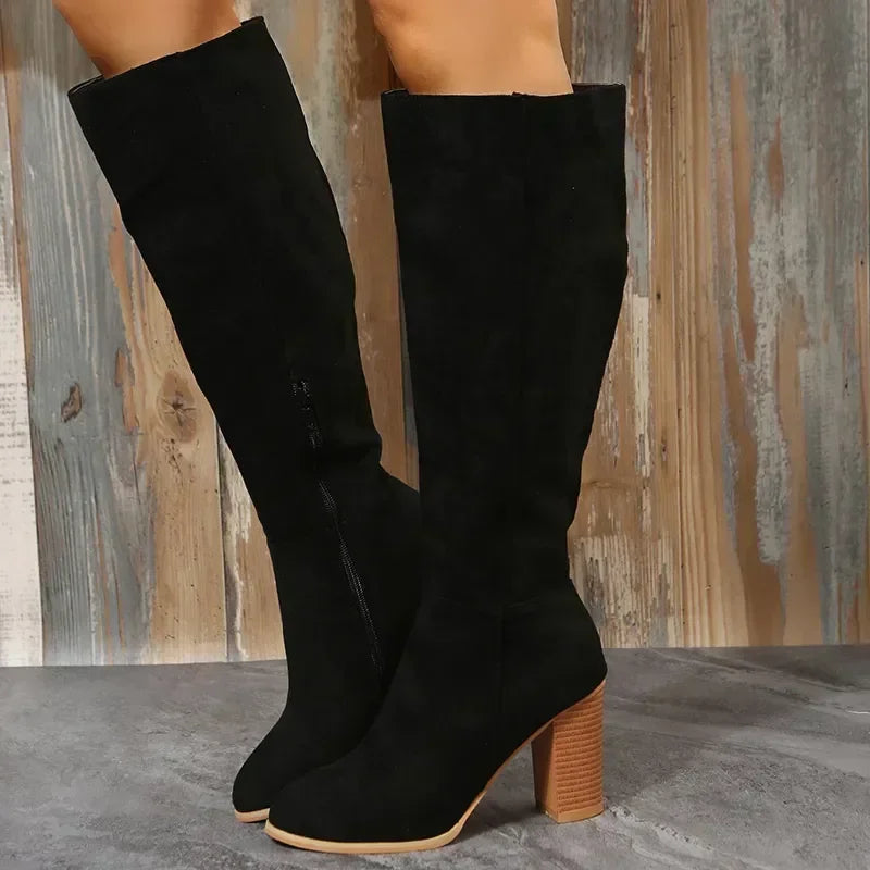 Retro Heels Western Cowboy Warm Plush Leather Suede Knee High Boots