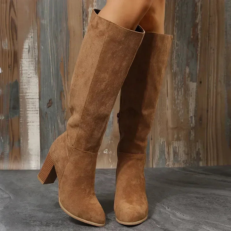 Retro Heels Western Cowboy Warm Plush Leather Suede Knee High Boots