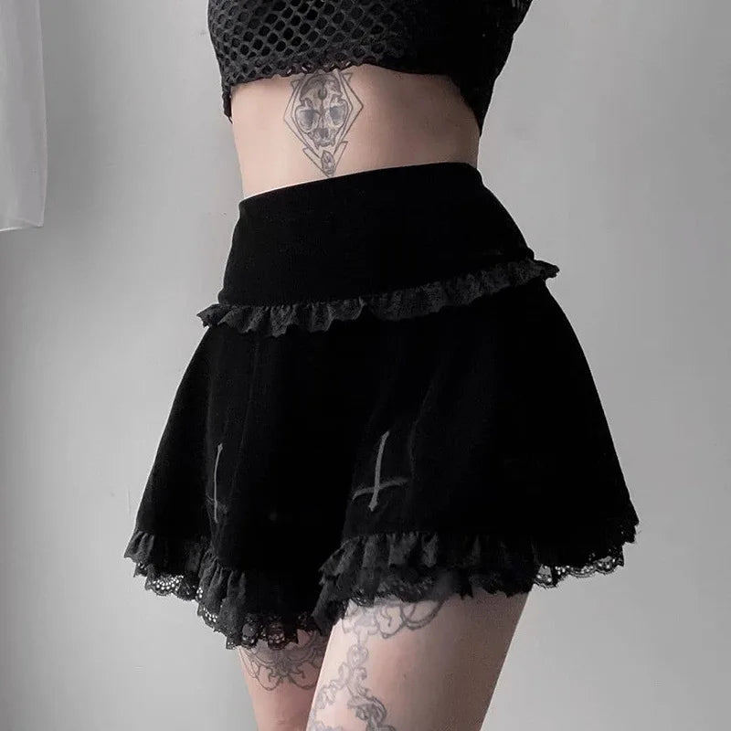 Fashion Summer Embroidery Black Gothic Casual Stylish Lace Trim Skirt