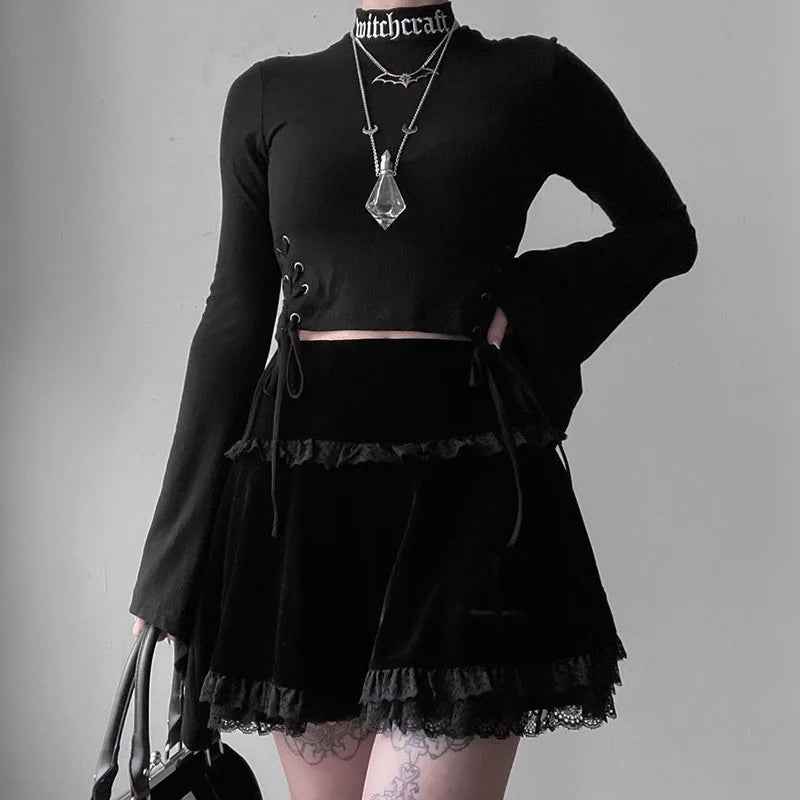 Fashion Summer Embroidery Black Gothic Casual Stylish Lace Trim Skirt