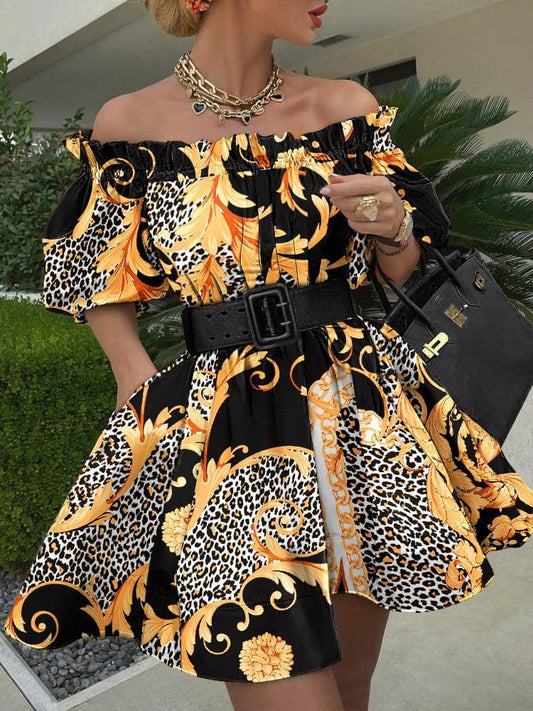 Off Shoulder Ruffle Belted Tunic Dress