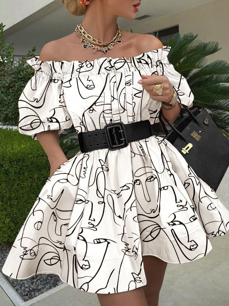 Off Shoulder Ruffle Belted Tunic Dress