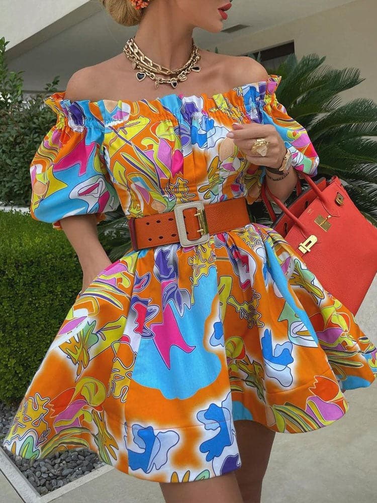 Off Shoulder Ruffle Belted Tunic Dress