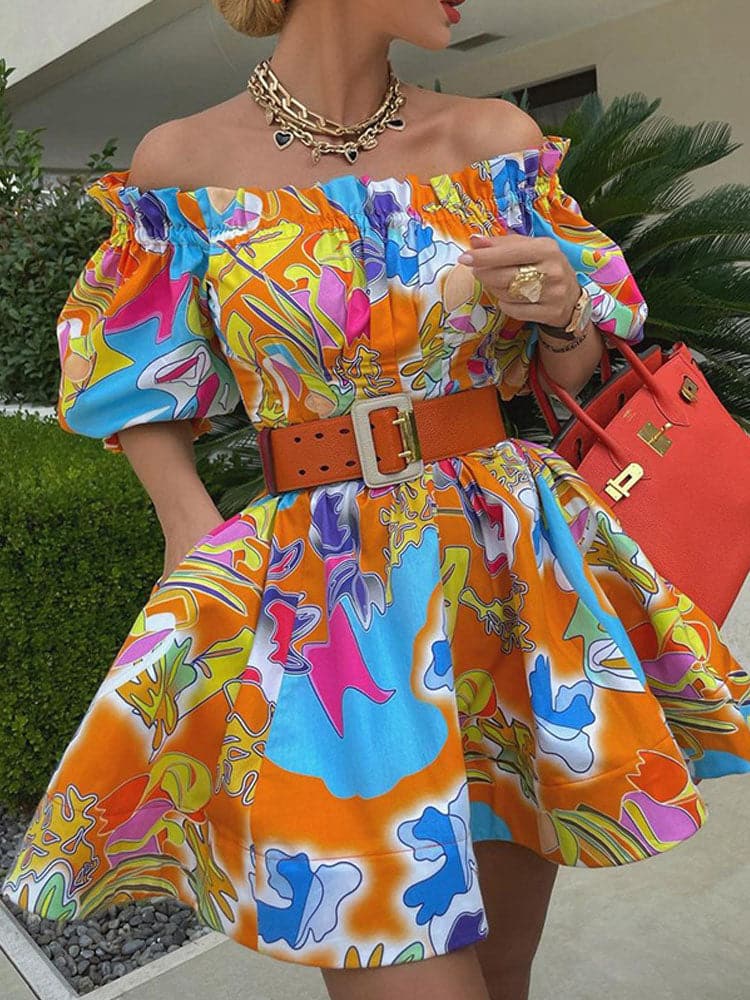 Off Shoulder Ruffle Belted Tunic Dress