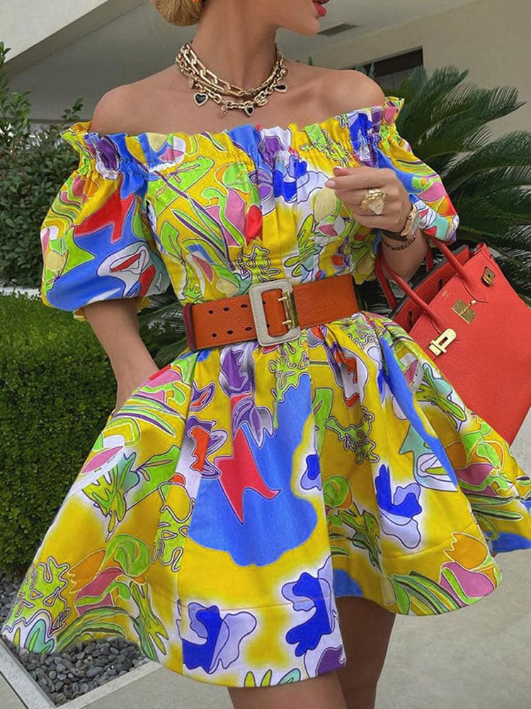 Off Shoulder Ruffle Belted Tunic Dress