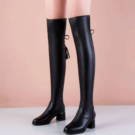 Soft Leather Elastic Short Plush Thick Heels Slip On Knight Knee High Boots