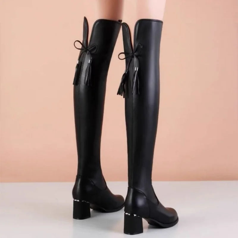 Soft Leather Elastic Short Plush Thick Heels Slip On Knight Knee High Boots
