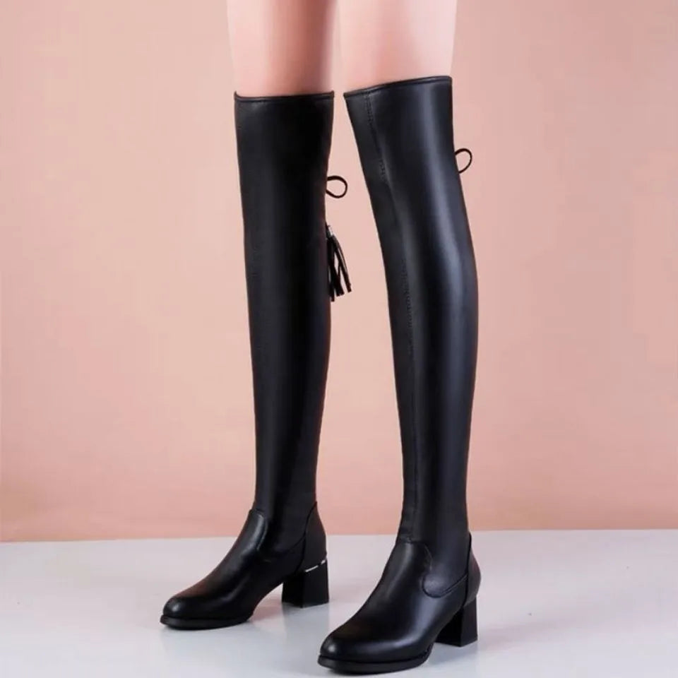 Soft Leather Elastic Short Plush Thick Heels Slip On Knight Knee High Boots
