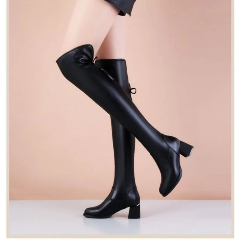 Soft Leather Elastic Short Plush Thick Heels Slip On Knight Knee High Boots