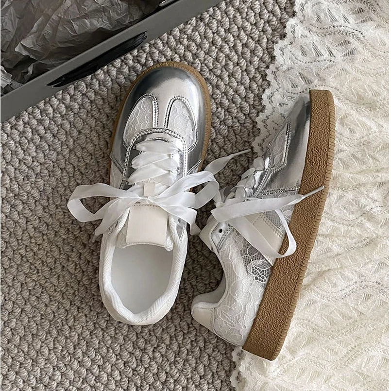 Soft Leather + Lace Mesh Walking Shoes Breathable Casual Sneaker New Lace Up Non-slip Flat Sports Jogging Running Trainers