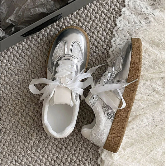 Soft Leather + Lace Mesh Walking Shoes Breathable Casual Sneaker New Lace Up Non-slip Flat Sports Jogging Running Trainers