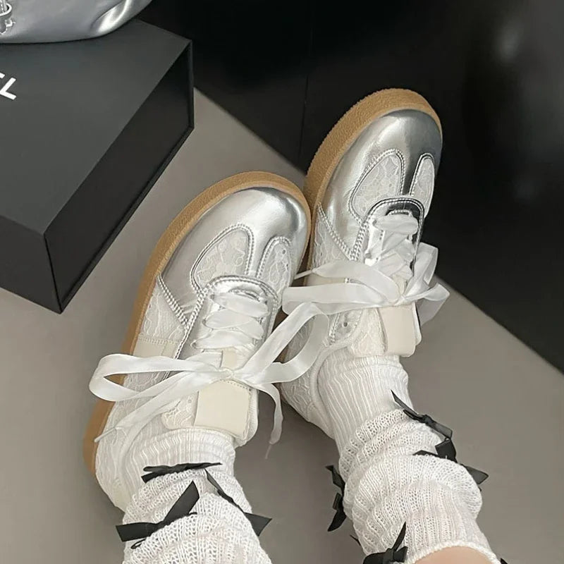 Soft Leather + Lace Mesh Walking Shoes Breathable Casual Sneaker New Lace Up Non-slip Flat Sports Jogging Running Trainers