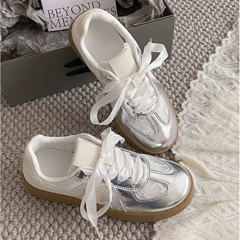 Soft Leather + Lace Mesh Walking Shoes Breathable Casual Sneaker New Lace Up Non-slip Flat Sports Jogging Running Trainers