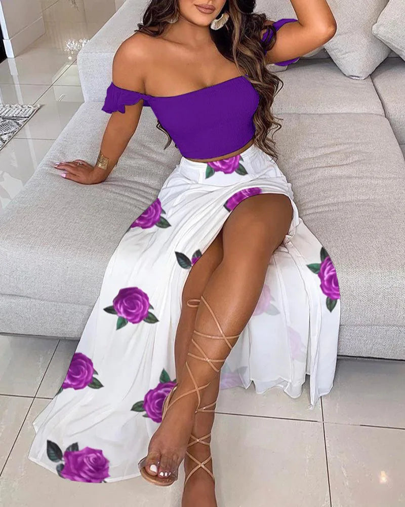 Summer Floral Print Elegant Off Shoulder Split Long Maxi Skirt
