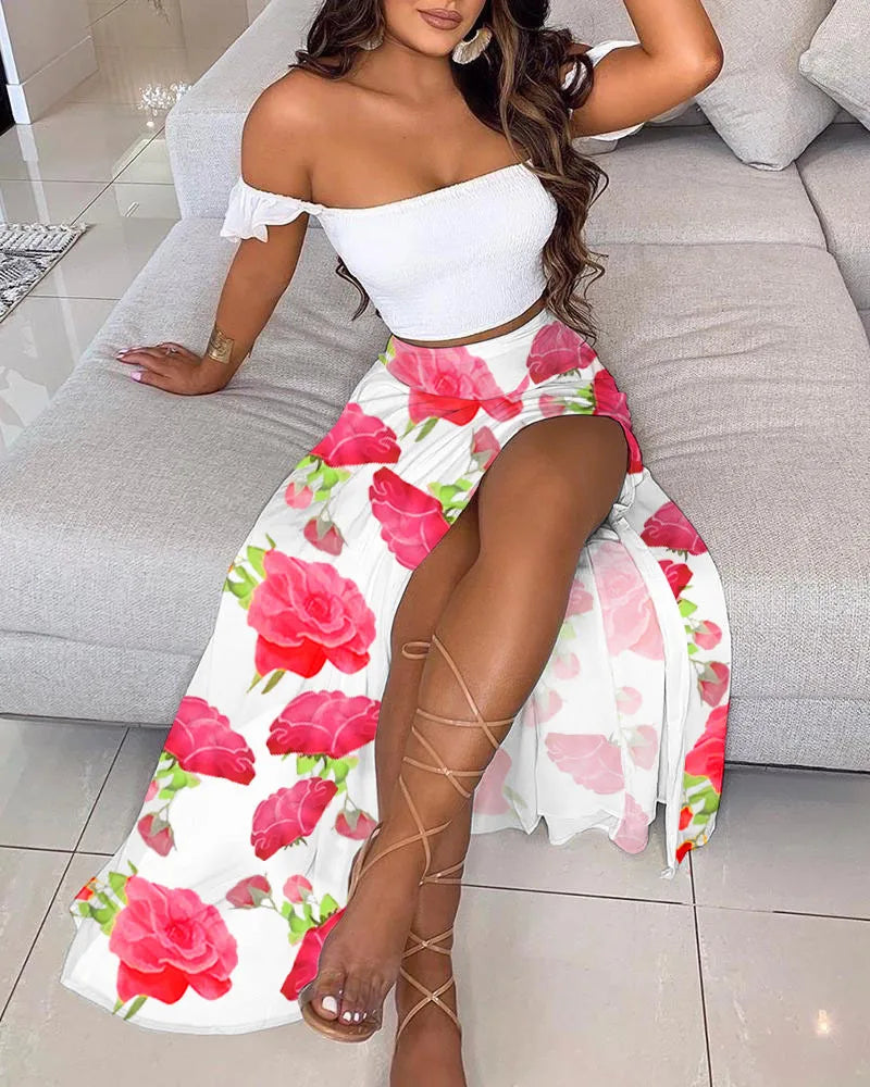 Summer Floral Print Elegant Off Shoulder Split Long Maxi Skirt