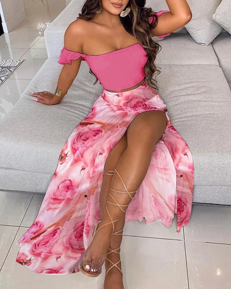 Summer Floral Print Elegant Off Shoulder Split Long Maxi Skirt