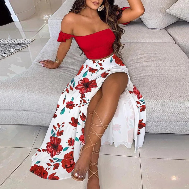 Summer Floral Print Elegant Off Shoulder Split Long Maxi Skirt