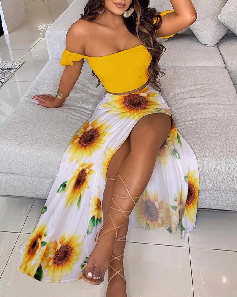 Summer Floral Print Elegant Off Shoulder Split Long Maxi Skirt