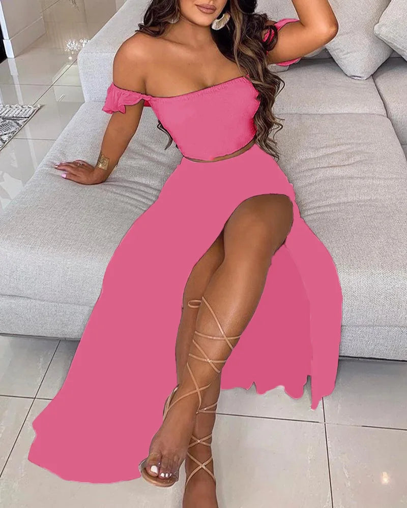 Summer Floral Print Elegant Off Shoulder Split Long Maxi Skirt