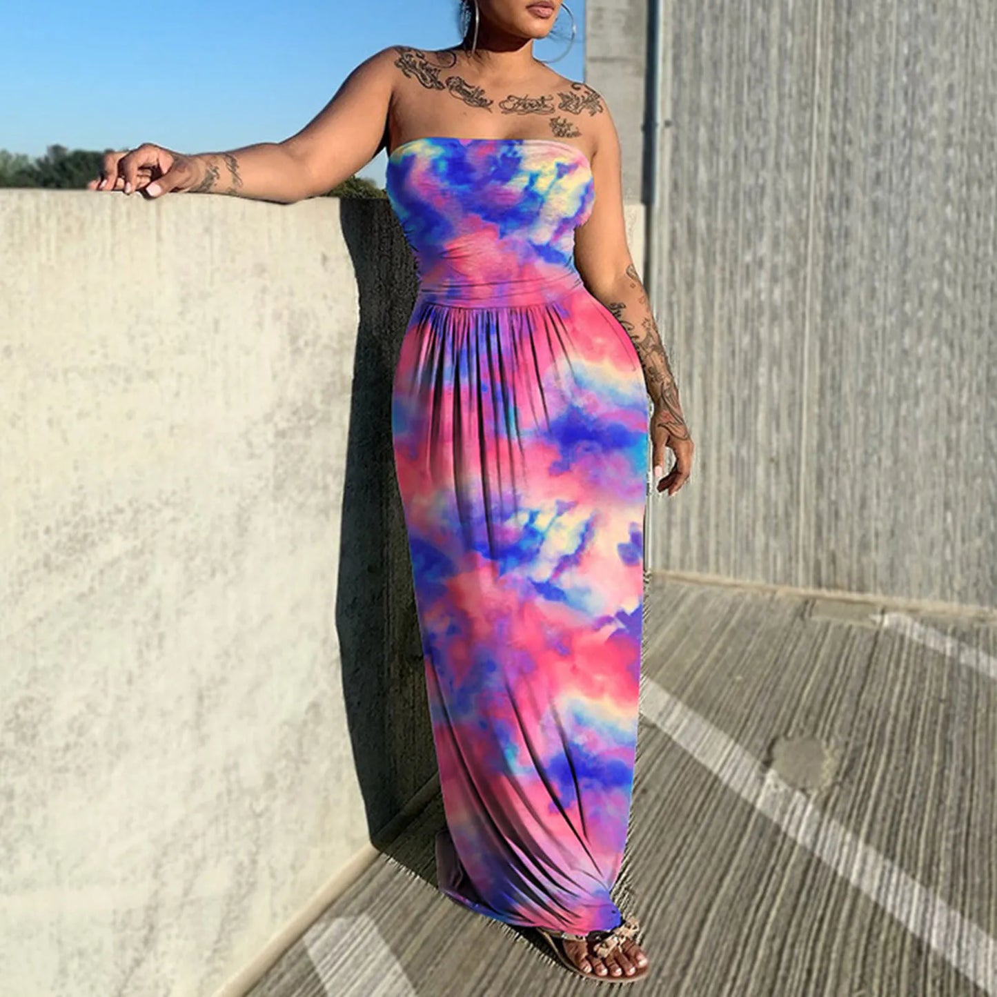 Tie Dye Print Sleeveless Strapless Long Flare Loose Floor Length Casual Outfit Beach Dress