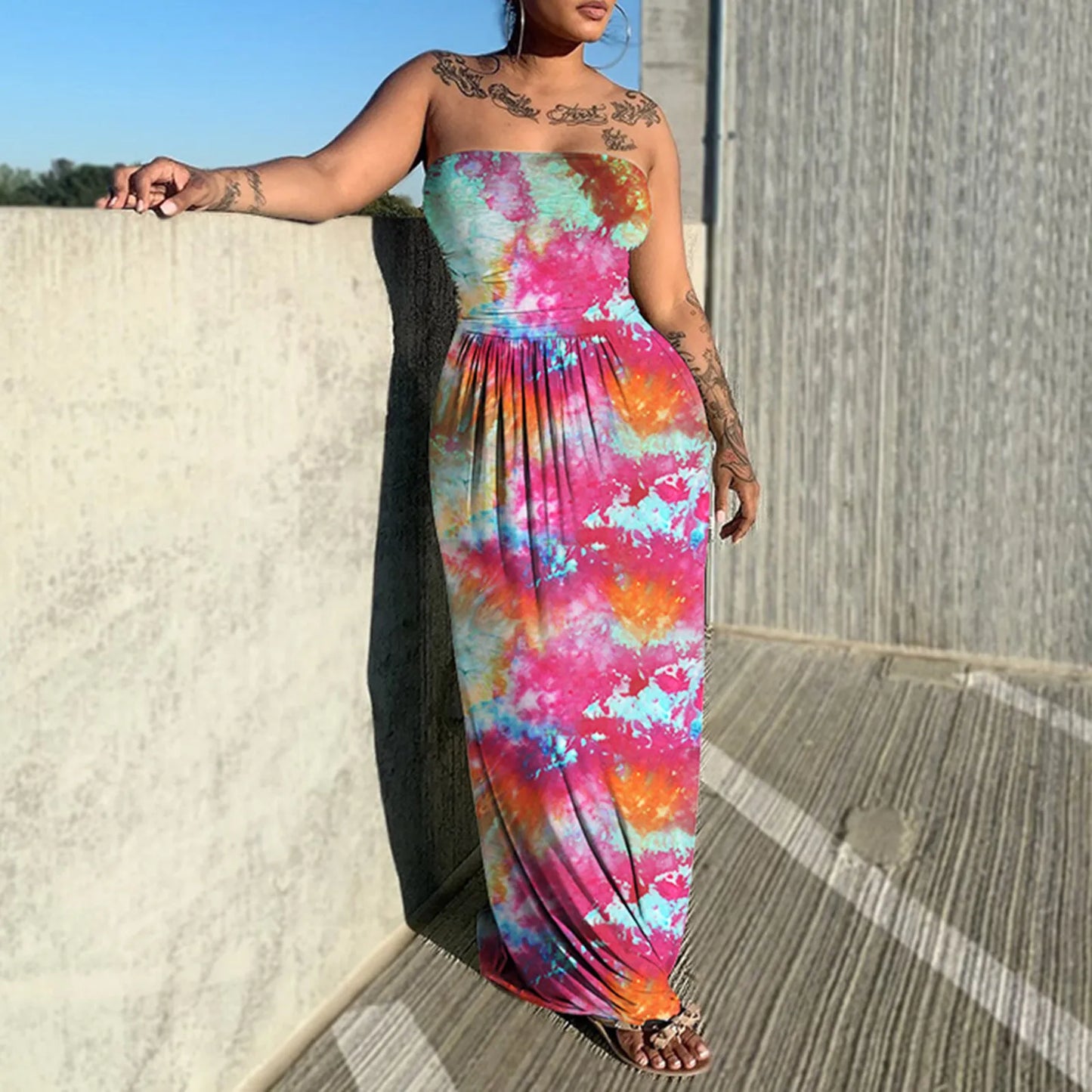 Tie Dye Print Sleeveless Strapless Long Flare Loose Floor Length Casual Outfit Beach Dress