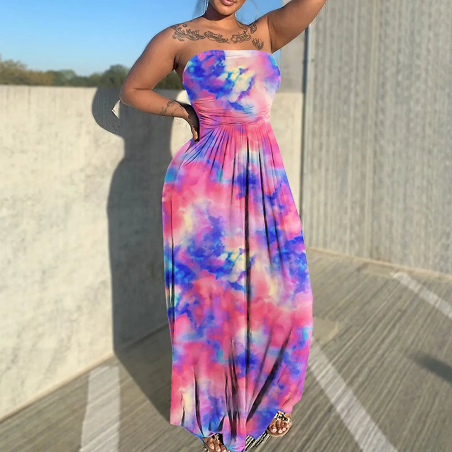 Tie Dye Print Sleeveless Strapless Long Flare Loose Floor Length Casual Outfit Beach Dress