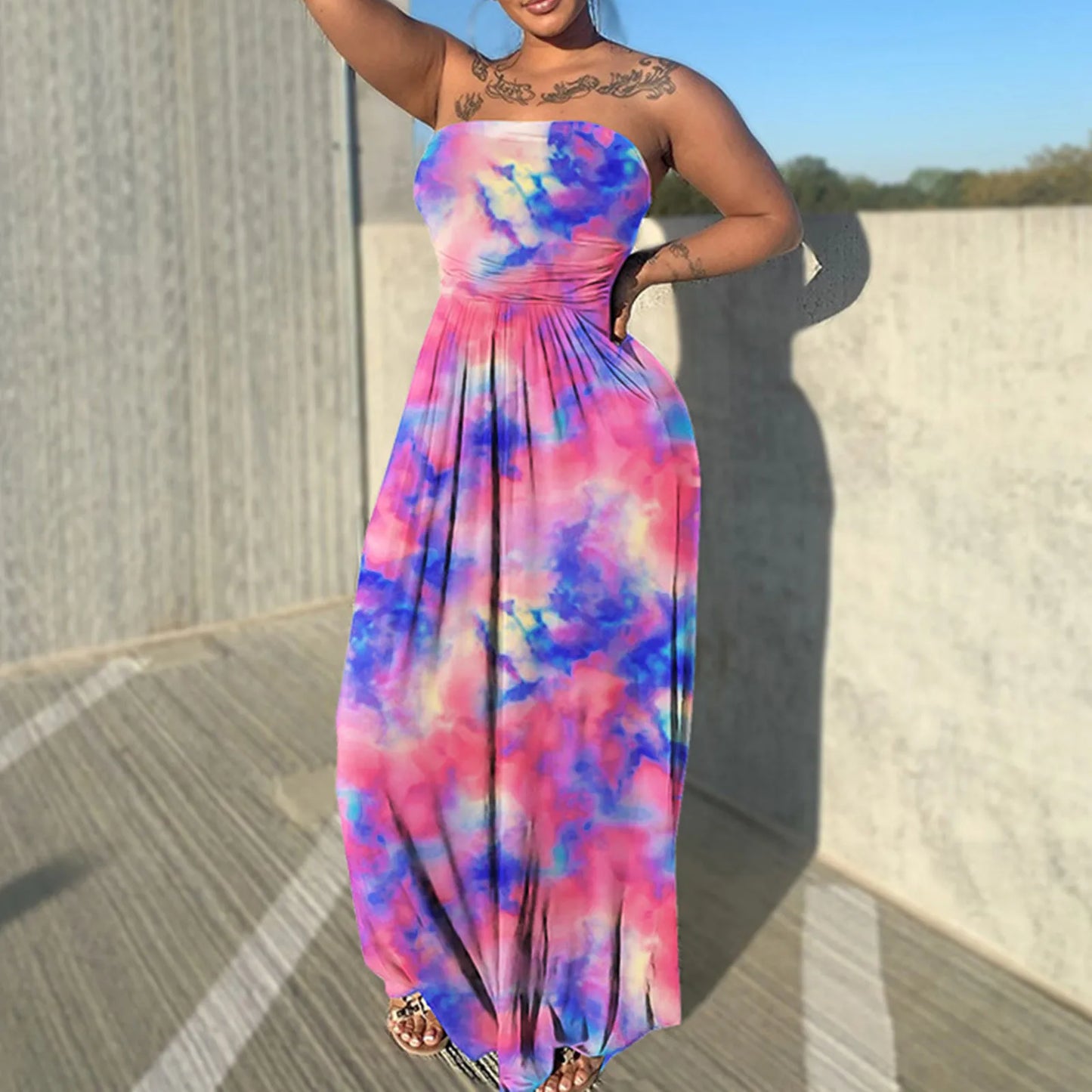 Tie Dye Print Sleeveless Strapless Long Flare Loose Floor Length Casual Outfit Beach Dress