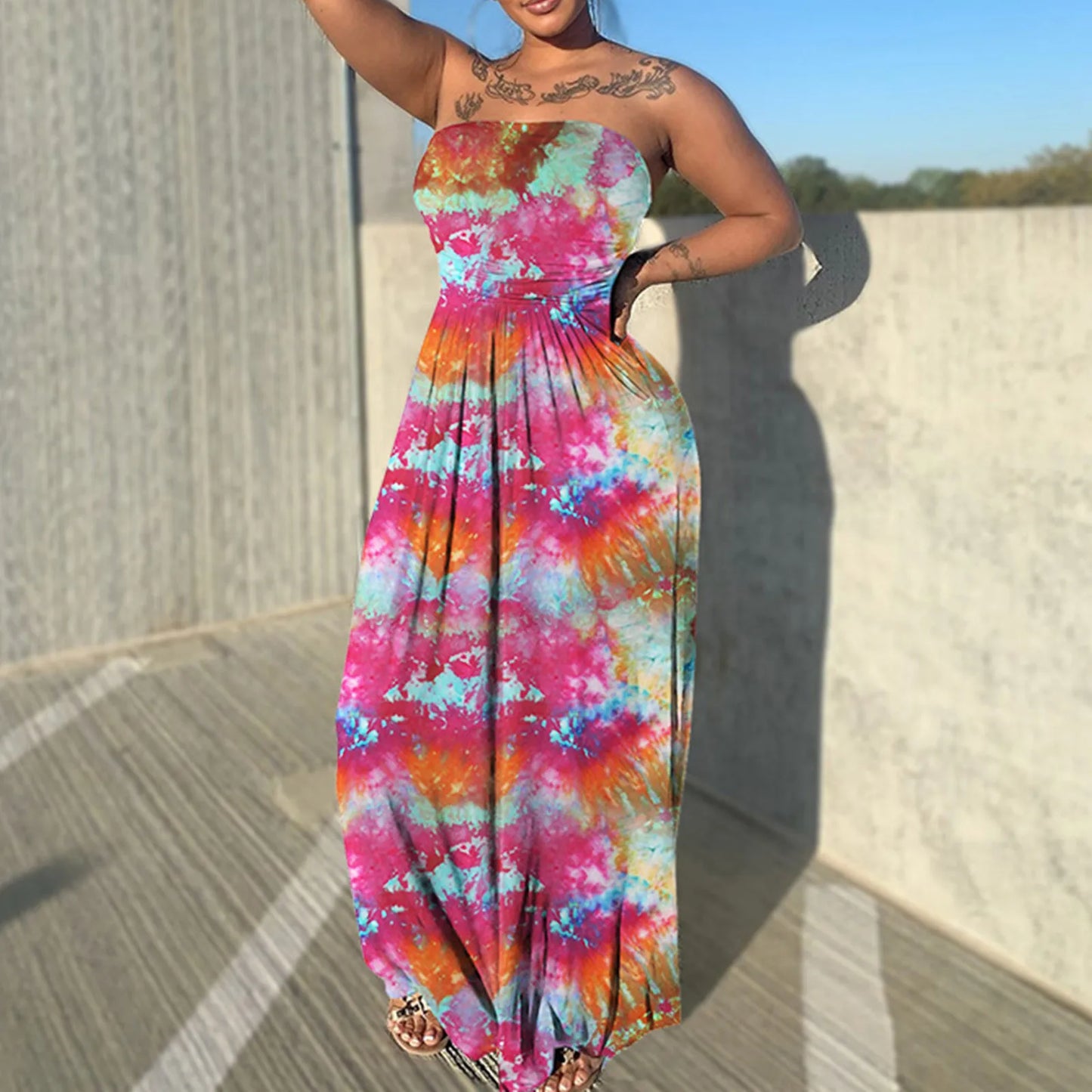 Tie Dye Print Sleeveless Strapless Long Flare Loose Floor Length Casual Outfit Beach Dress