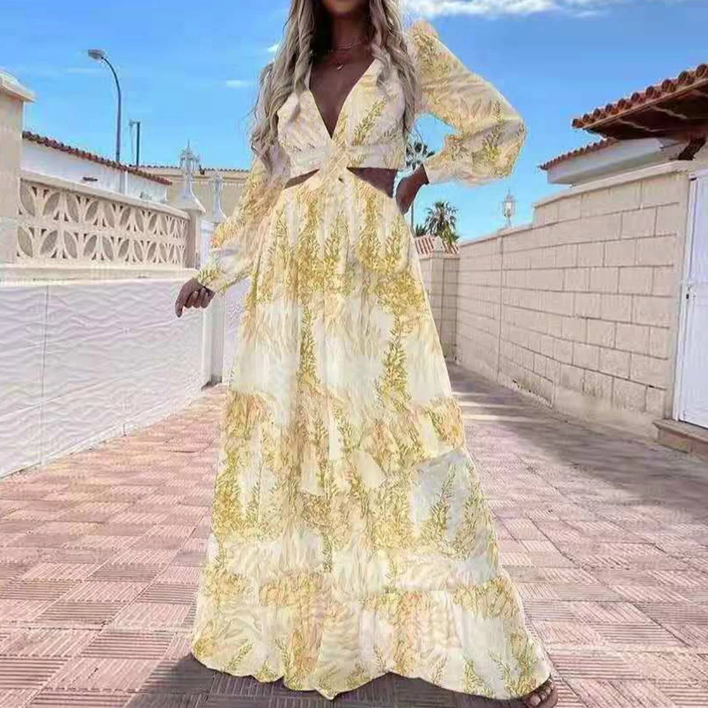 Hollow Out Lantern Sleeve Backless V-Neck Beach Cover Up Maxi Party Long Women's Dress