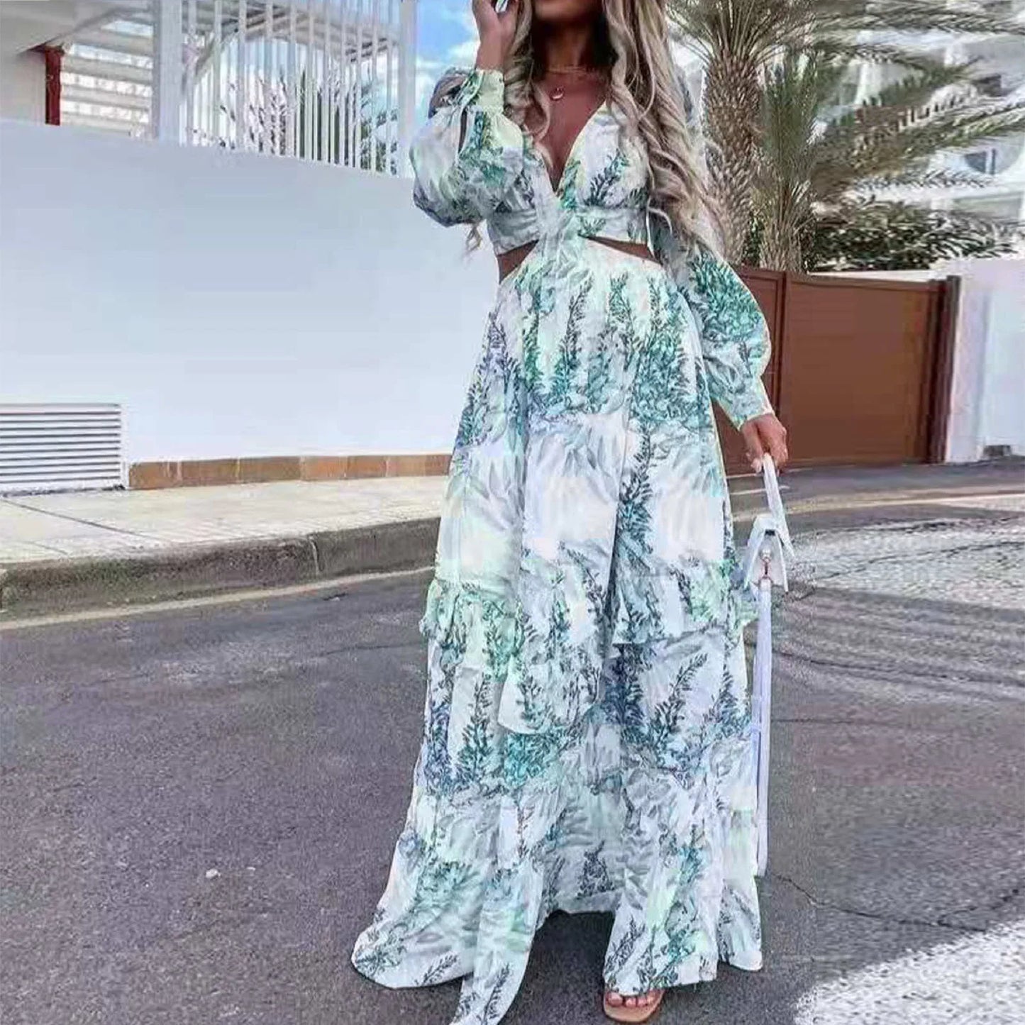 Hollow Out Lantern Sleeve Backless V-Neck Beach Cover Up Maxi Party Long Women's Dress