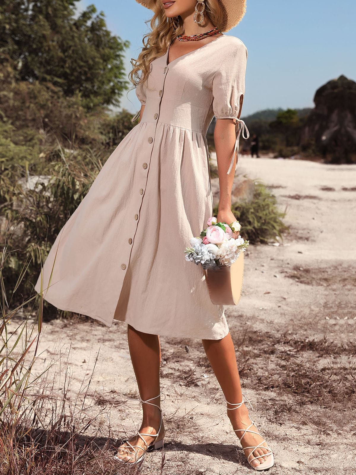 Vintage Holiday V Neck Buttons High Waist A-Line Casual Dress