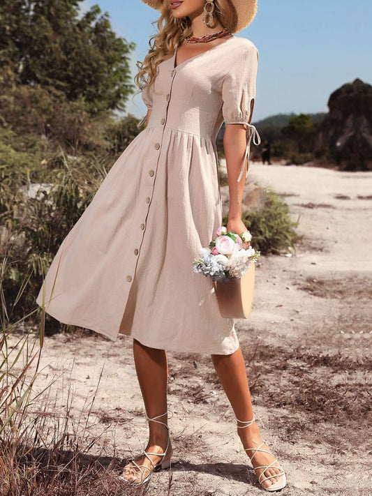 Vintage Holiday V Neck Buttons High Waist A-Line Casual Dress