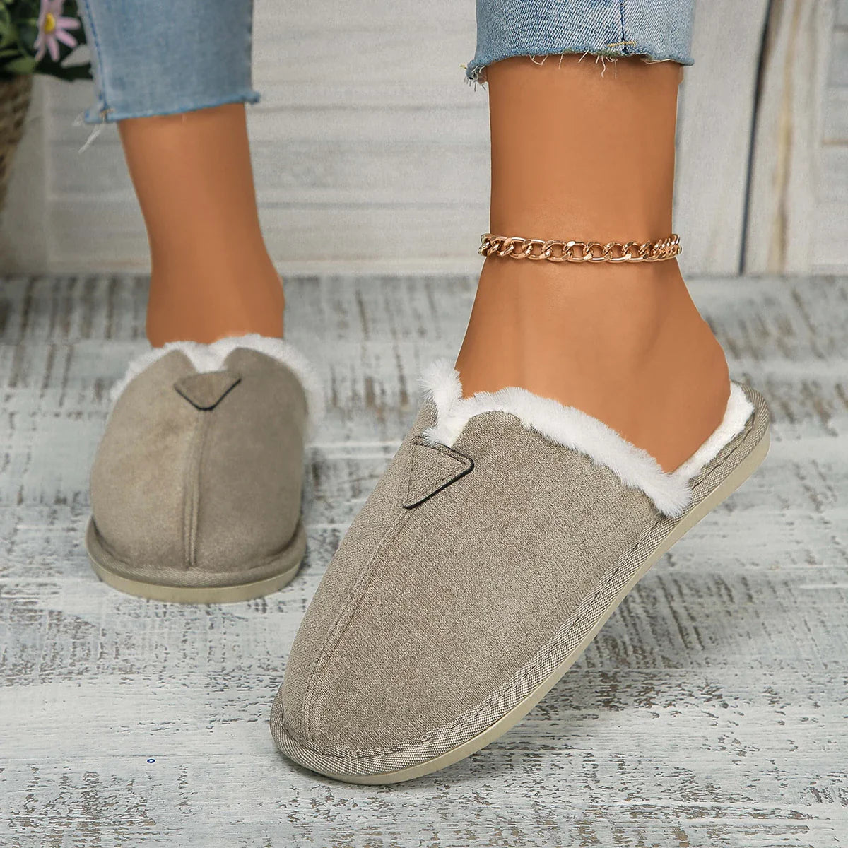 Warm Fur Cotton Slippers Flats Shoe Suede Winter Short Plush Luxury Fashion Casual Non-Slip Snow Boots Mujer Zapatos Mules