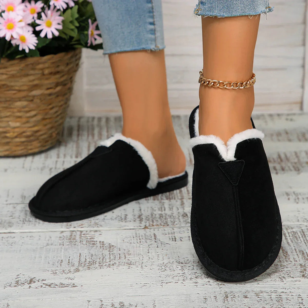 Warm Fur Cotton Slippers Flats Shoe Suede Winter Short Plush Luxury Fashion Casual Non-Slip Snow Boots Mujer Zapatos Mules