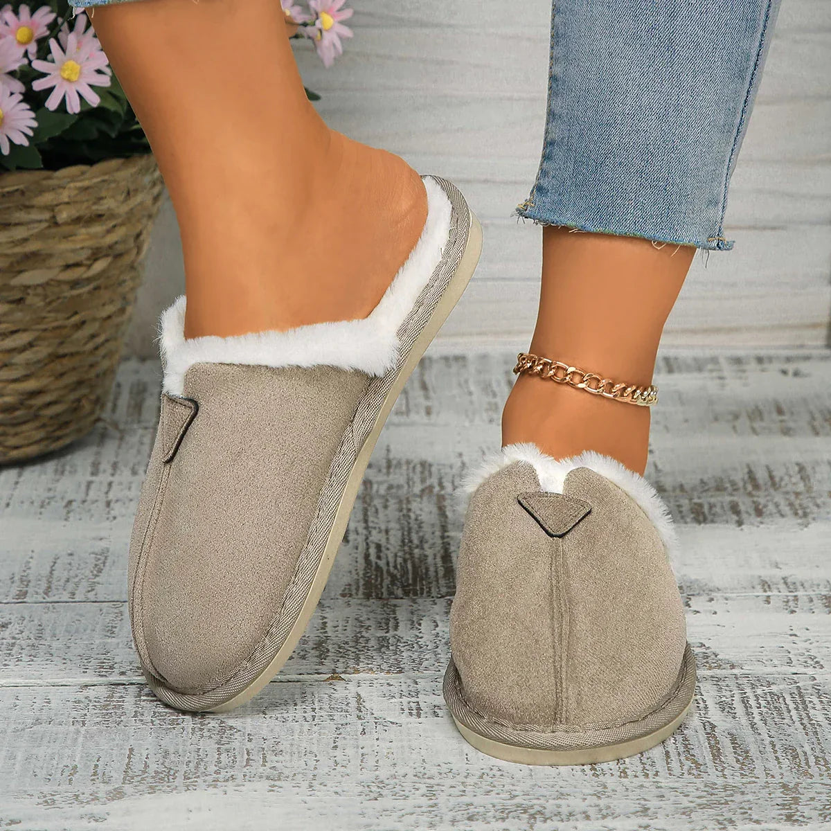Warm Fur Cotton Slippers Flats Shoe Suede Winter Short Plush Luxury Fashion Casual Non-Slip Snow Boots Mujer Zapatos Mules